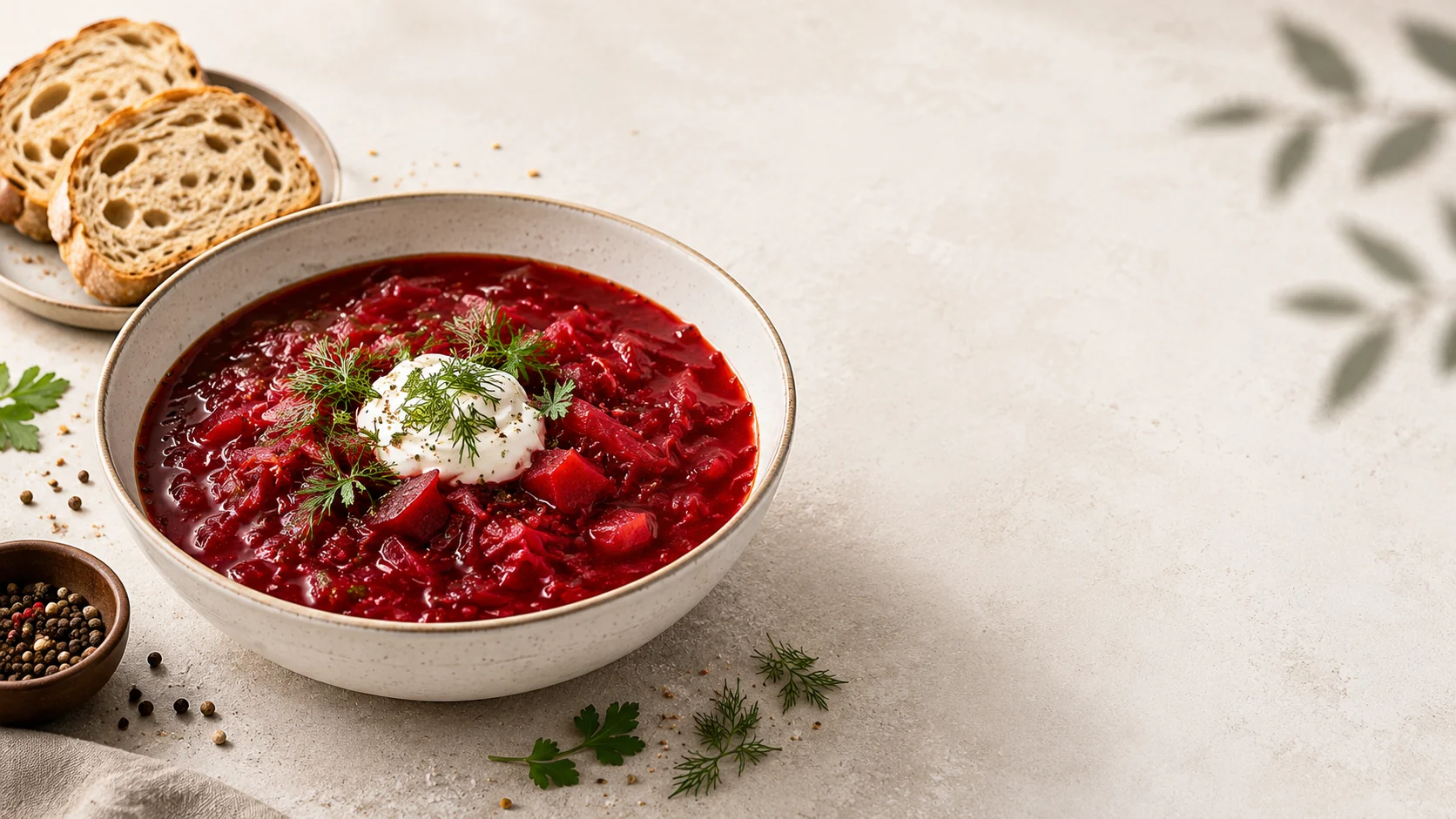 Warm borscht with sour cream, herbs and bread