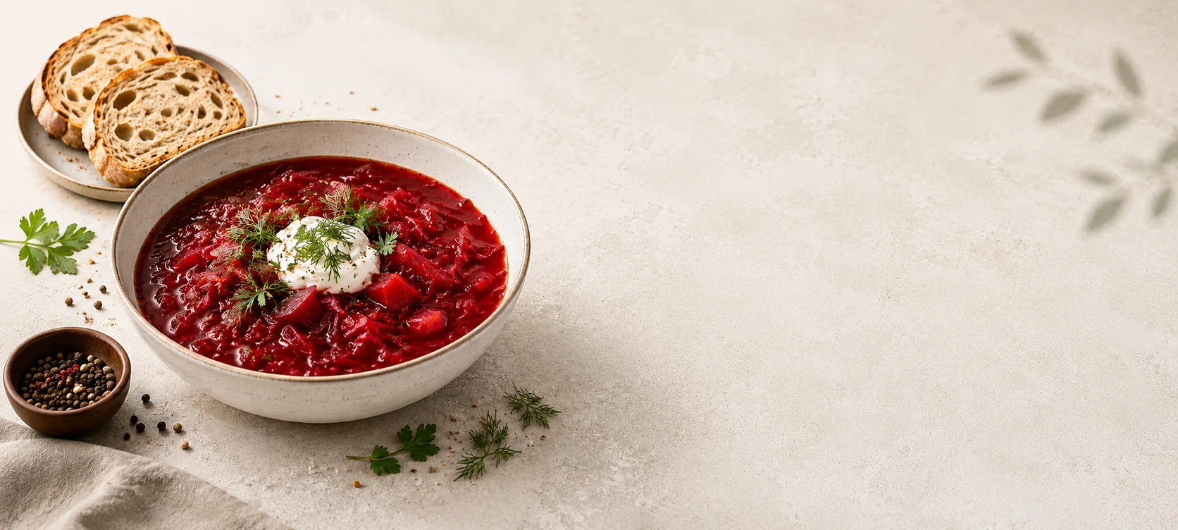 Warm borscht with sour cream, herbs and bread