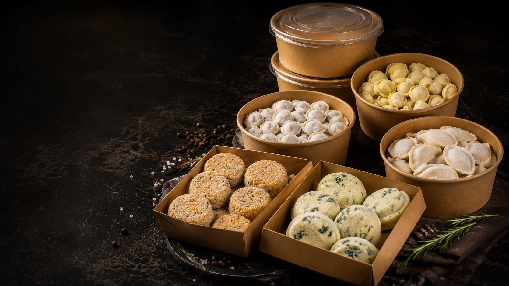 Frozen homemade products in kraft boxes on a dark table