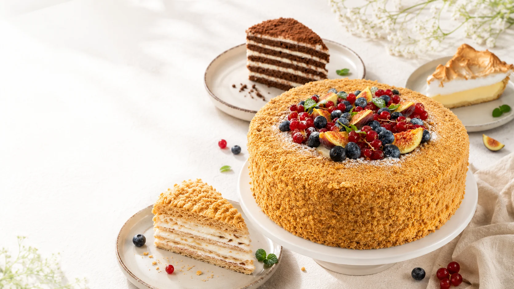 Homemade cakes and desserts on a bright cream table