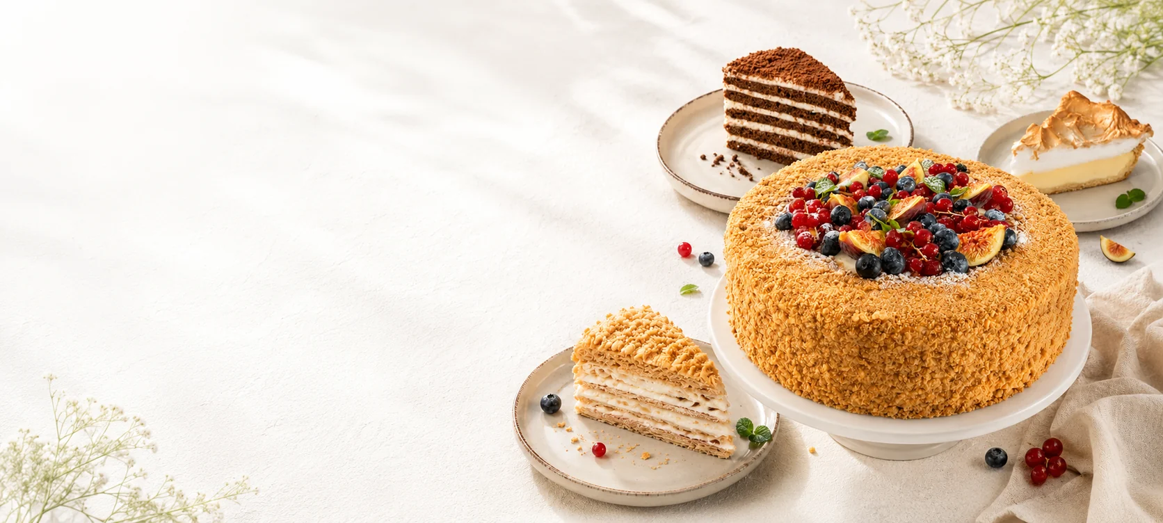 Homemade cakes and desserts on a bright cream table