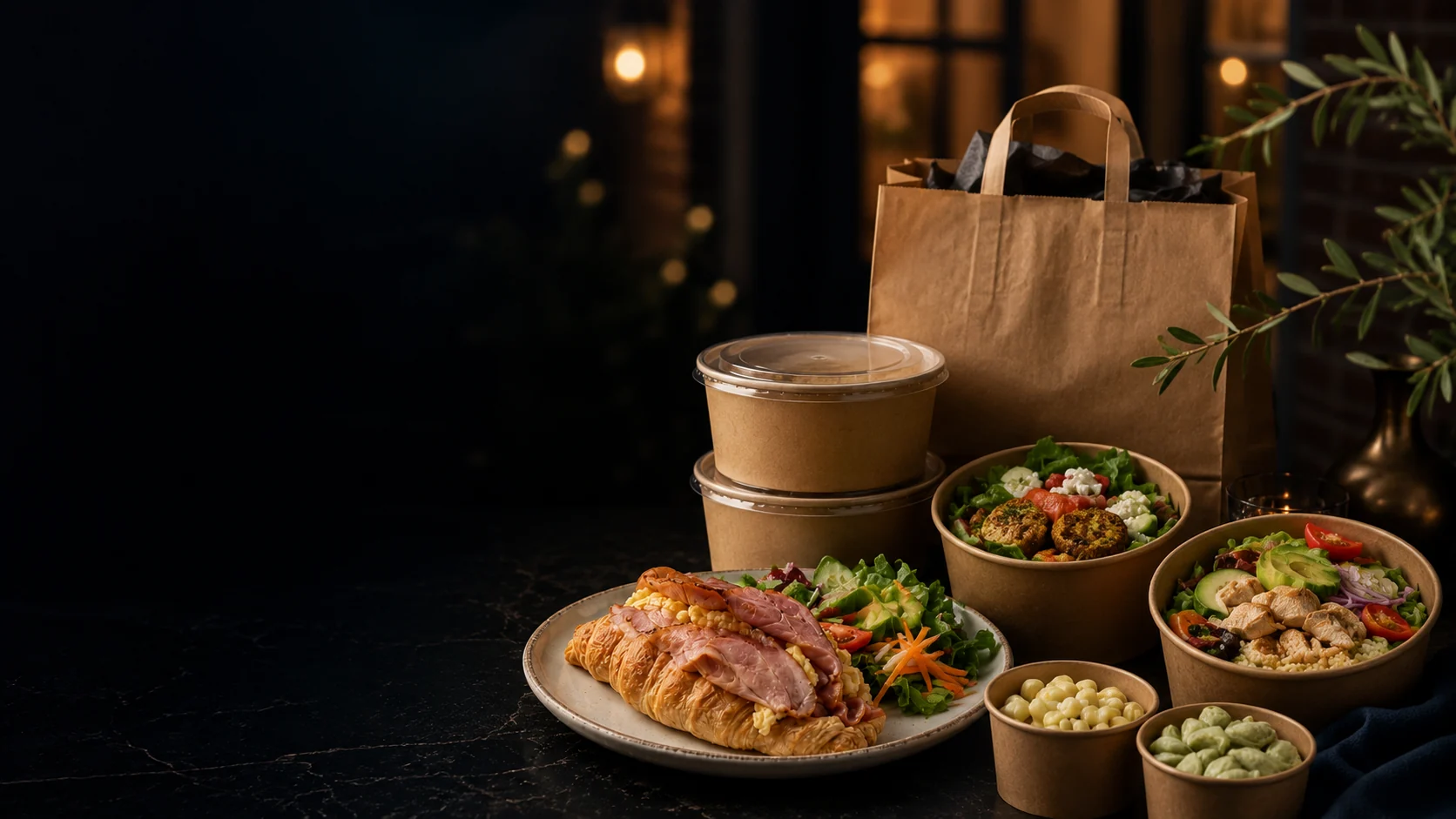 Takeaway kraft packaging with salads and cafe food on a dark table
