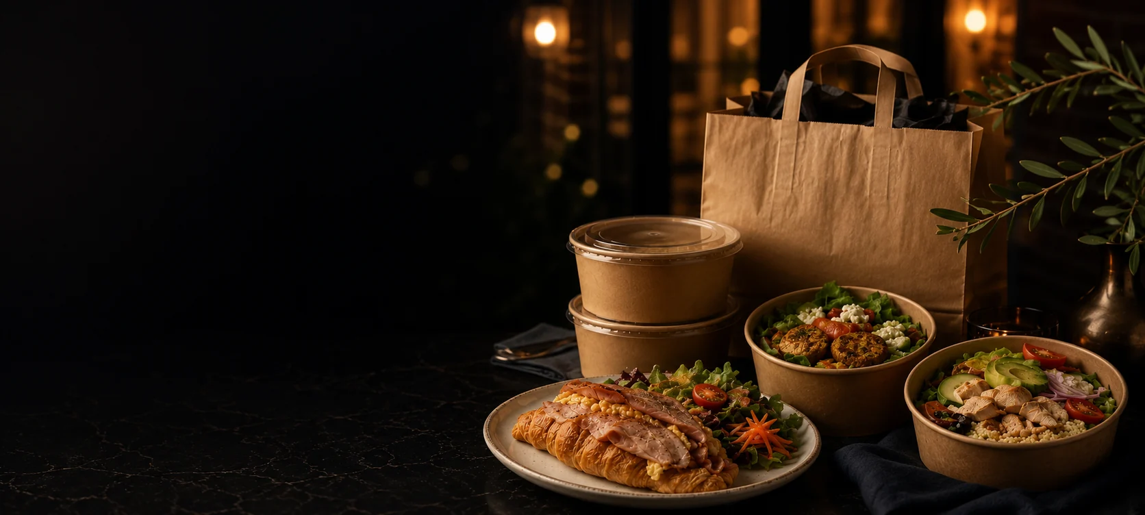 Takeaway kraft packaging with salads and cafe food on a dark table