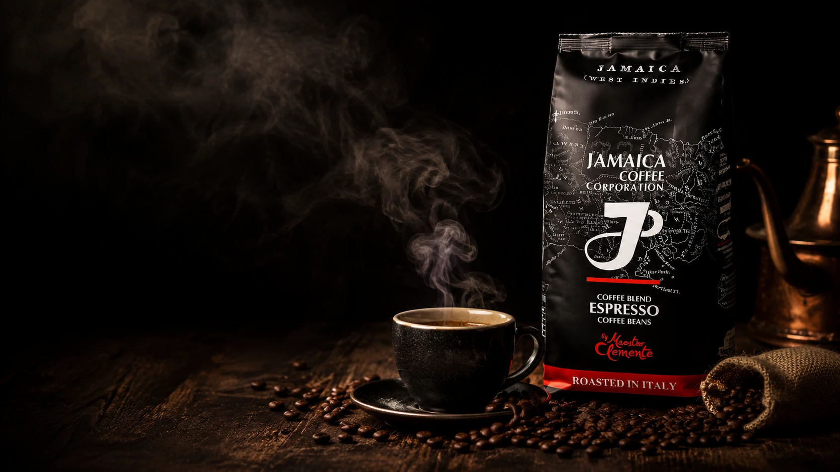 Jamaica Coffee espresso beans with a steaming cup on a dark table