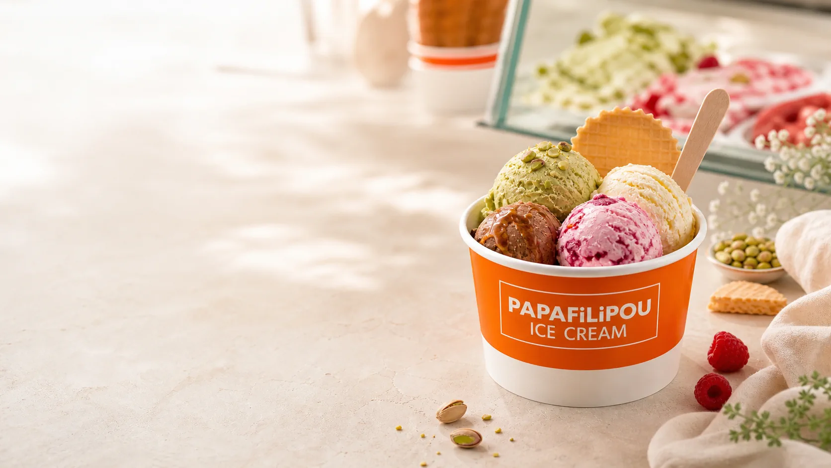 Branded PapaFilipou ice cream cup with colourful scoops on a light cafe table