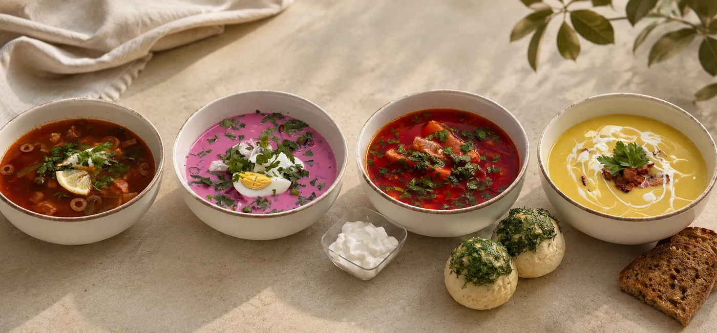 Four homemade soups with bread and side dishes