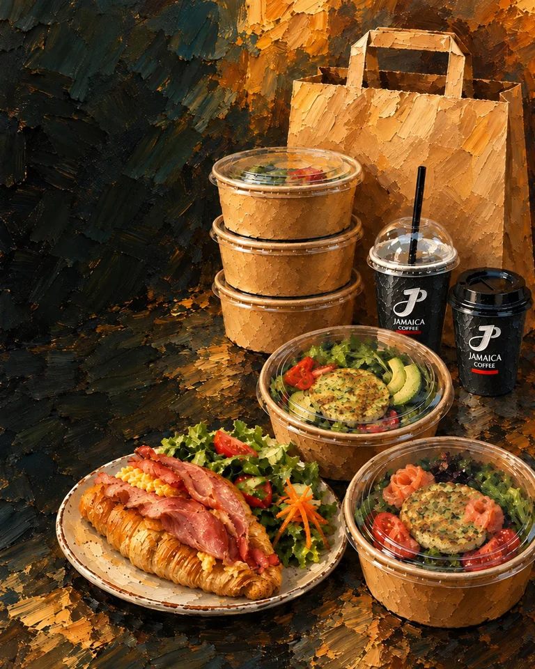 Painting of takeaway bowls, a croissant plate and Jamaica Coffee cups