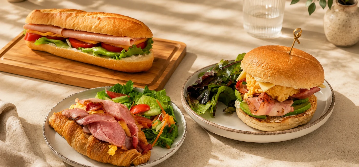 A croissant, brioche bun and baguette sandwich with fresh fillings, shown as an example of a finished breakfast build