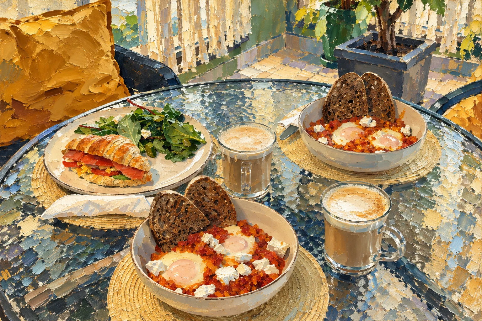 Shakshuka, a filled croissant and two coffees on the cafe table.