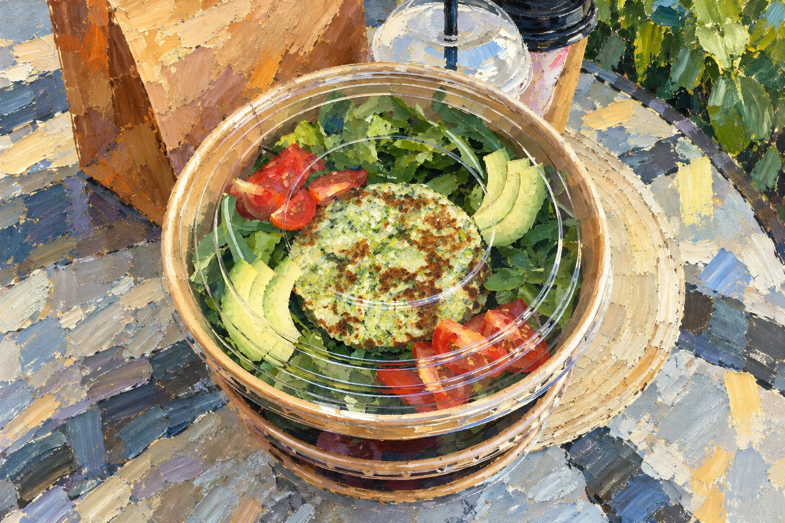 Stacked takeaway bowls with zucchini pancakes and salad under a clear lid.