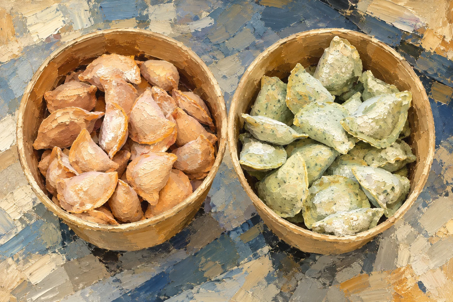 Pink and green uncooked vareniki in kraft bowls.