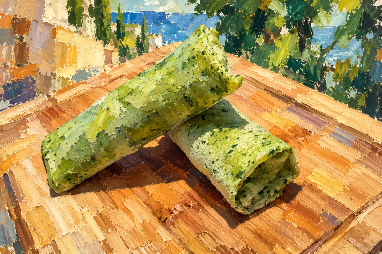 Two green folded crepes on a bamboo board.