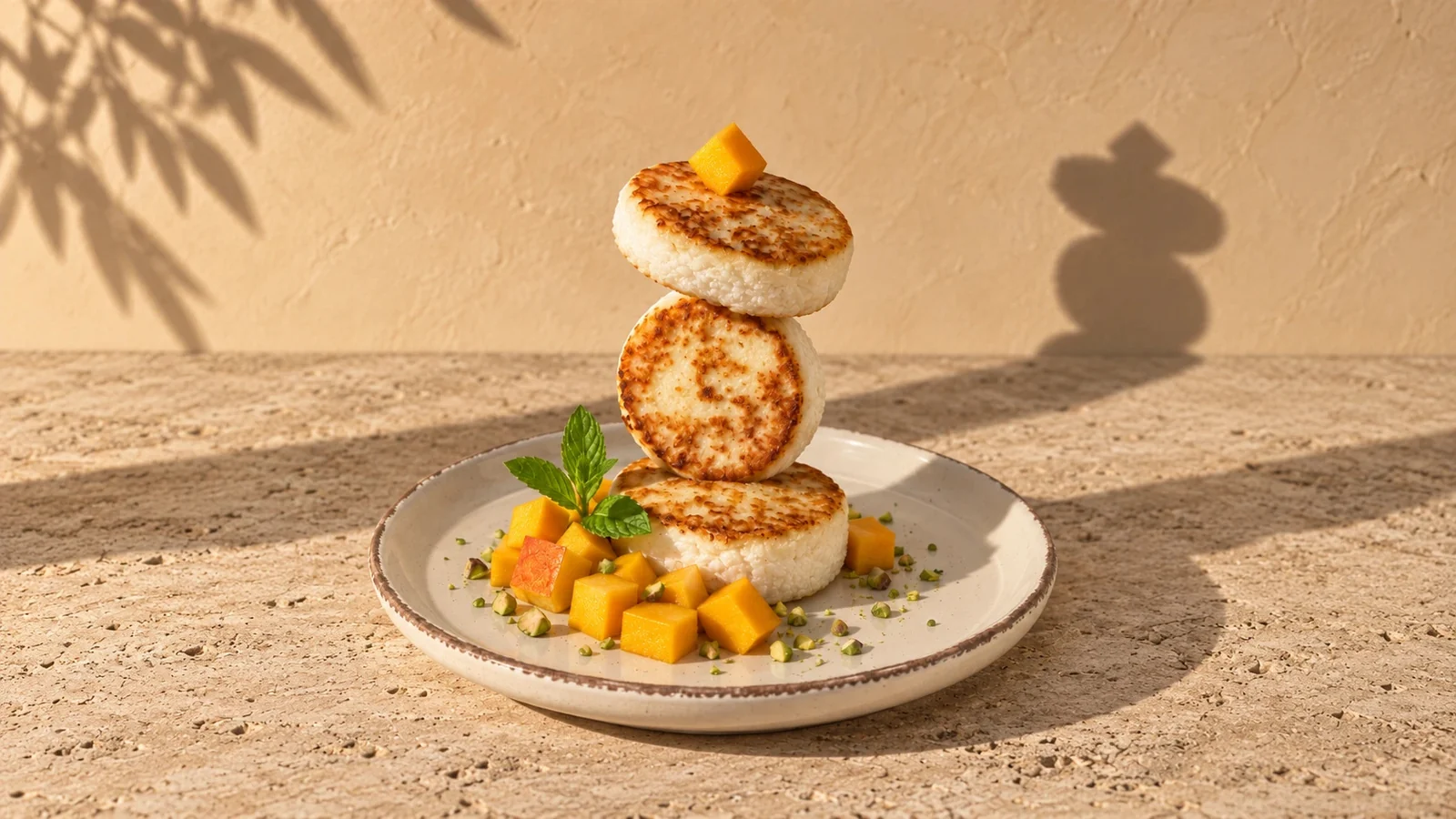 A tower of three golden syrniki balanced on a cream plate in warm sunlight, with mango cubes, mint and pistachio around the base.