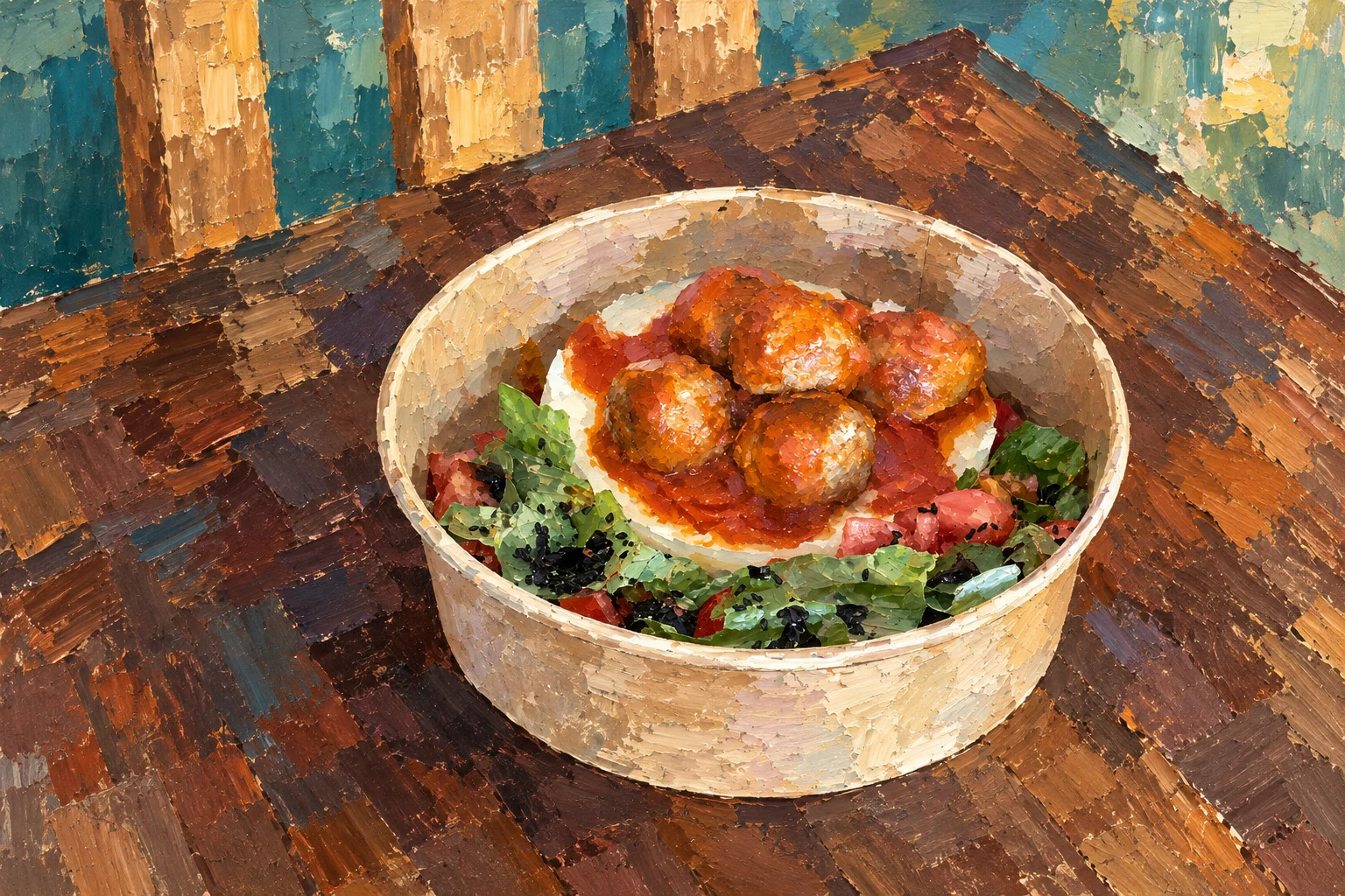 Meatballs in tomato sauce with mashed potato and salad in a takeaway bowl on the cafe's glass table.