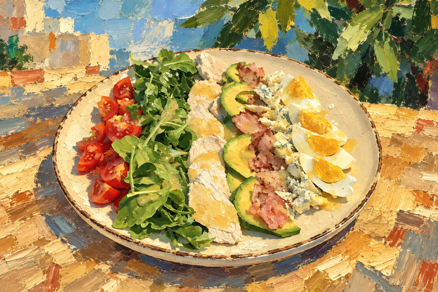 Chicken salad with avocado, egg, tomatoes, bacon and blue cheese.