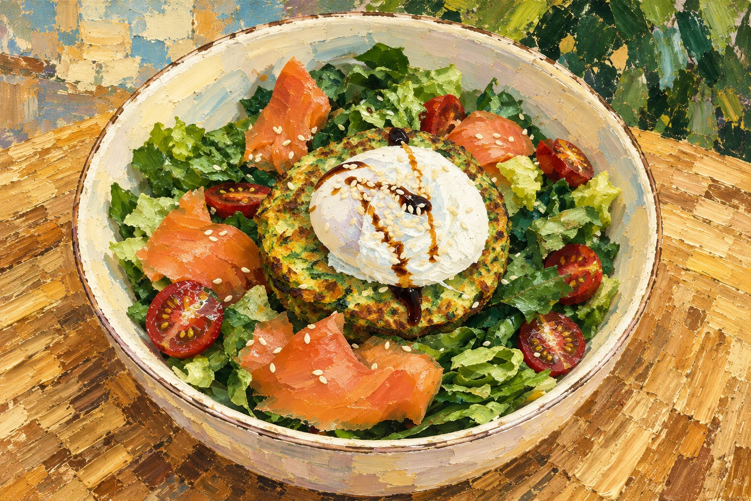 Poached egg, zucchini pancakes, salmon and salad in a bowl.