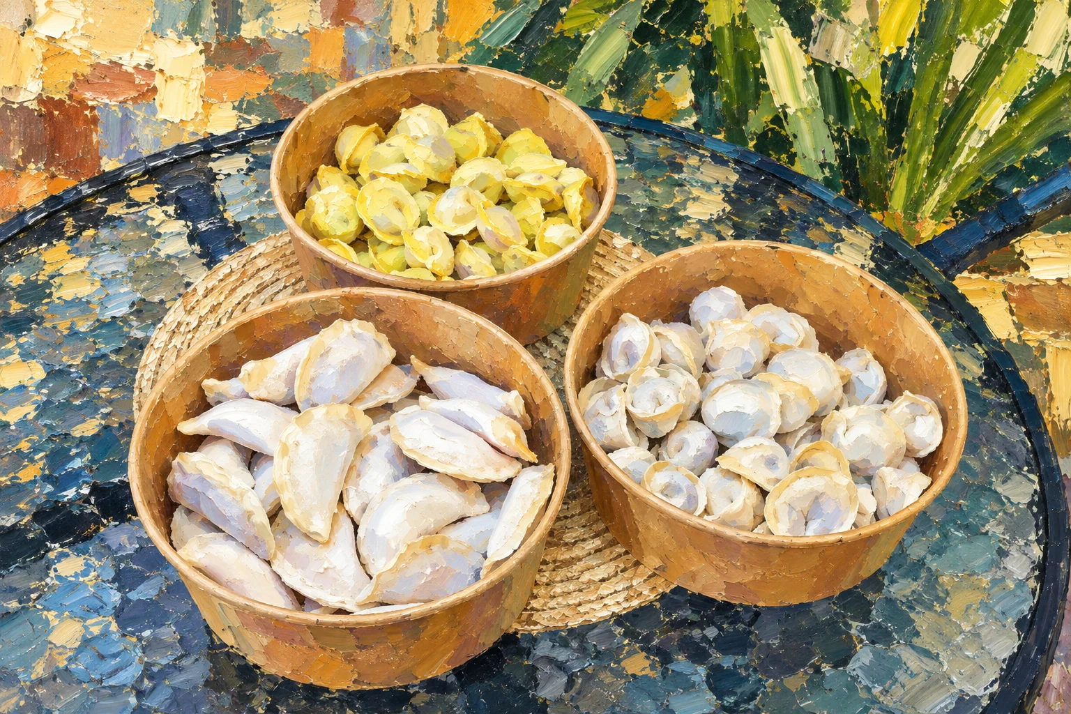 Three kraft bowls of uncooked pelmeni and vareniki on the cafe's glass table.