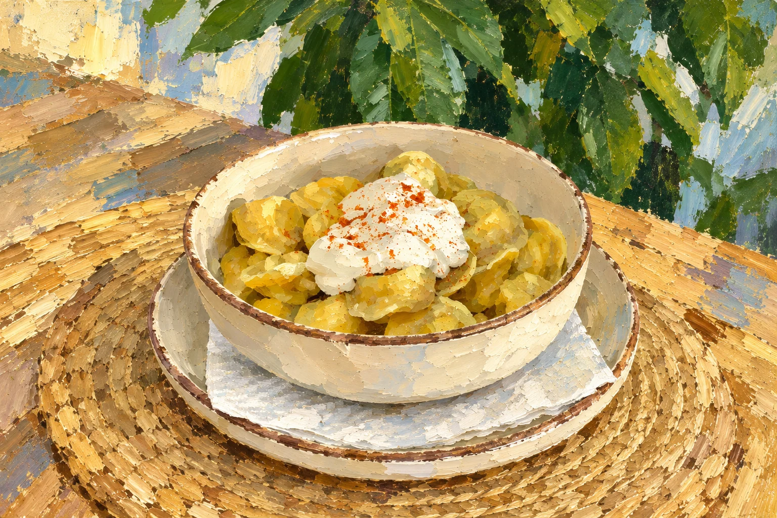 Cooked dumplings with cream and red seasoning.