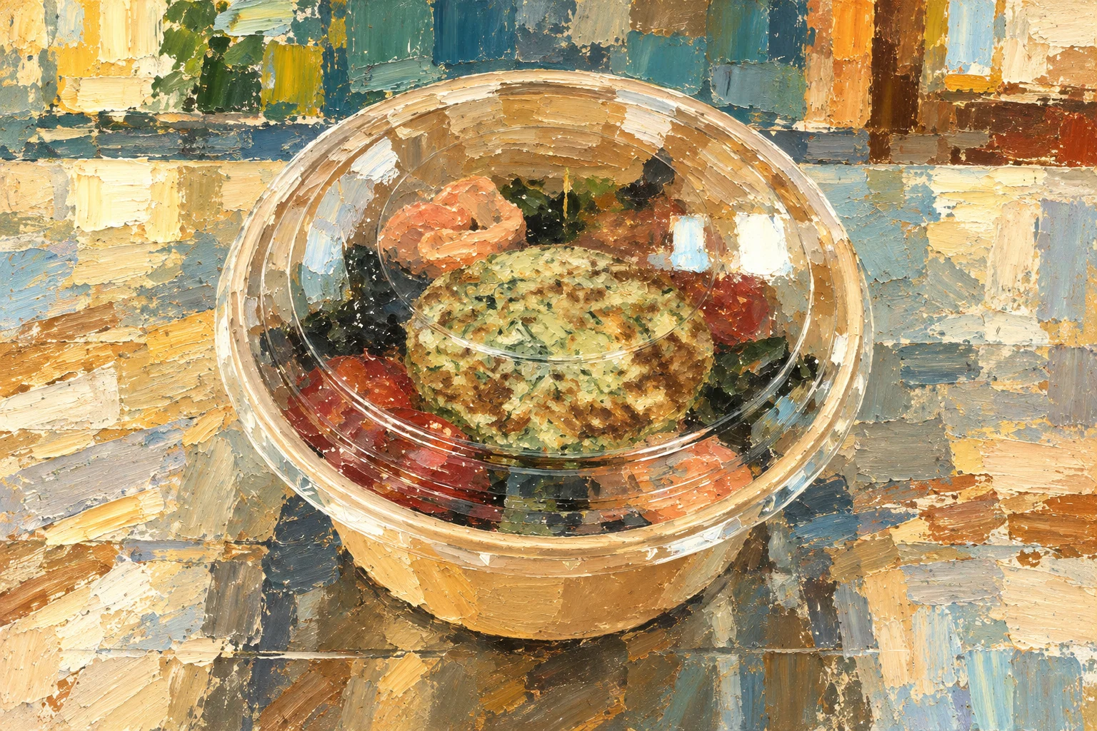 A lidded takeaway bowl with zucchini pancakes, salmon and salad.