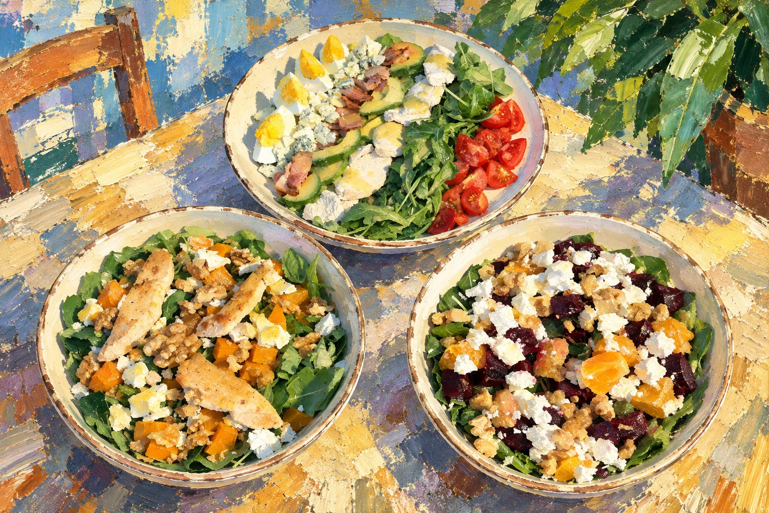 Three different salads on ceramic plates.