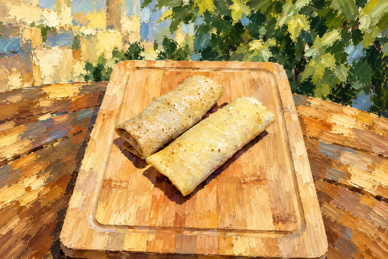 Two folded crepes on a bamboo board.