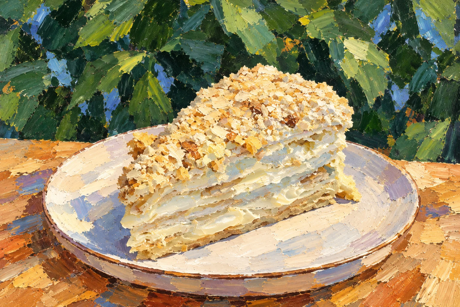 Napoleon cake slice on a plate with green leaves in the background.