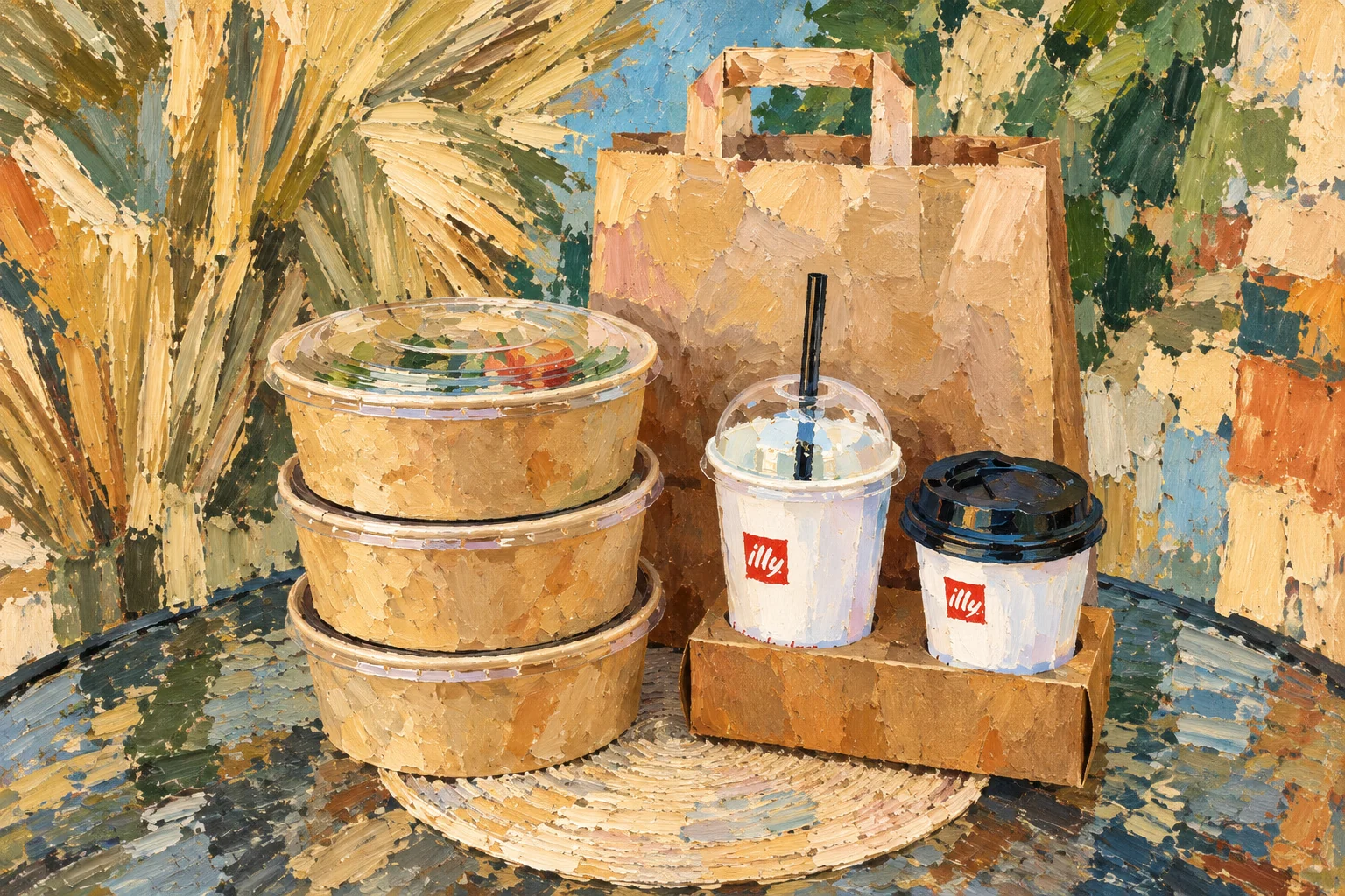 Stacked takeaway bowls, two coffee cups and a paper bag.
