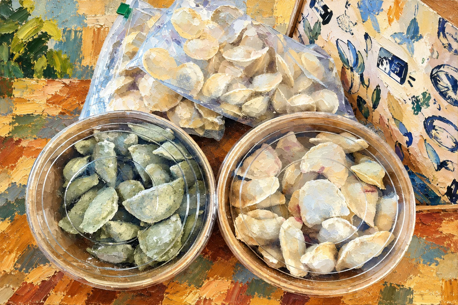 Frozen vareniki in closed containers and clear bags.