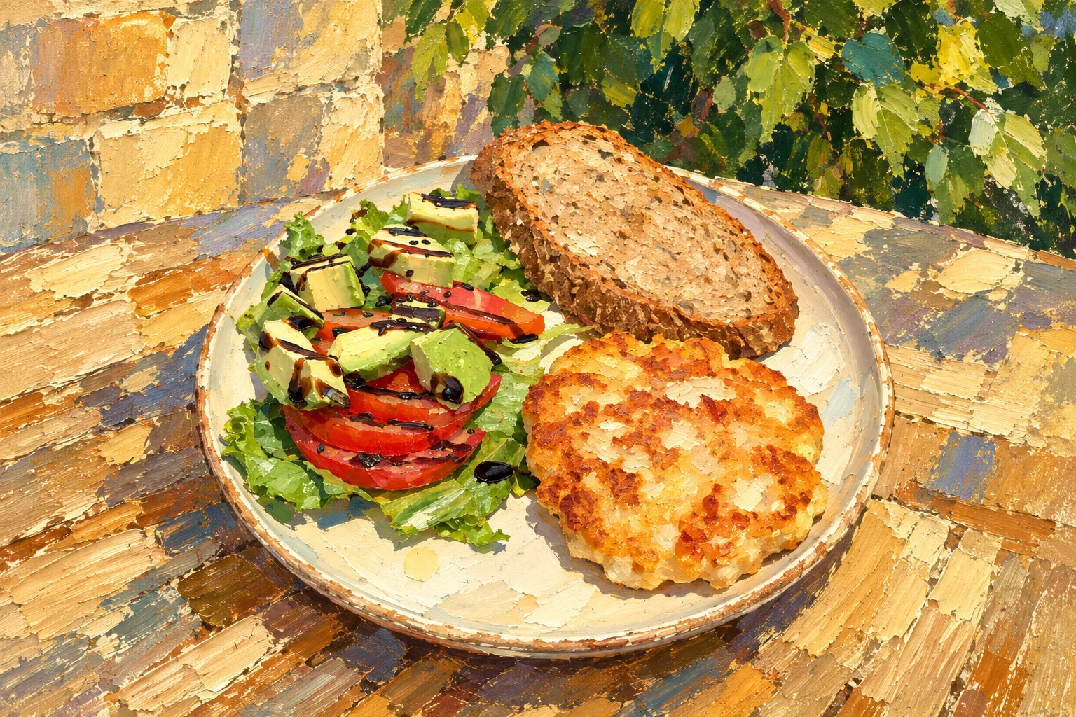 Chicken cutlet with avocado salad and brown bread.