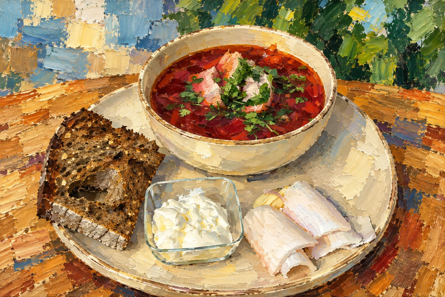 Borscht served with sour cream, bread and salo.