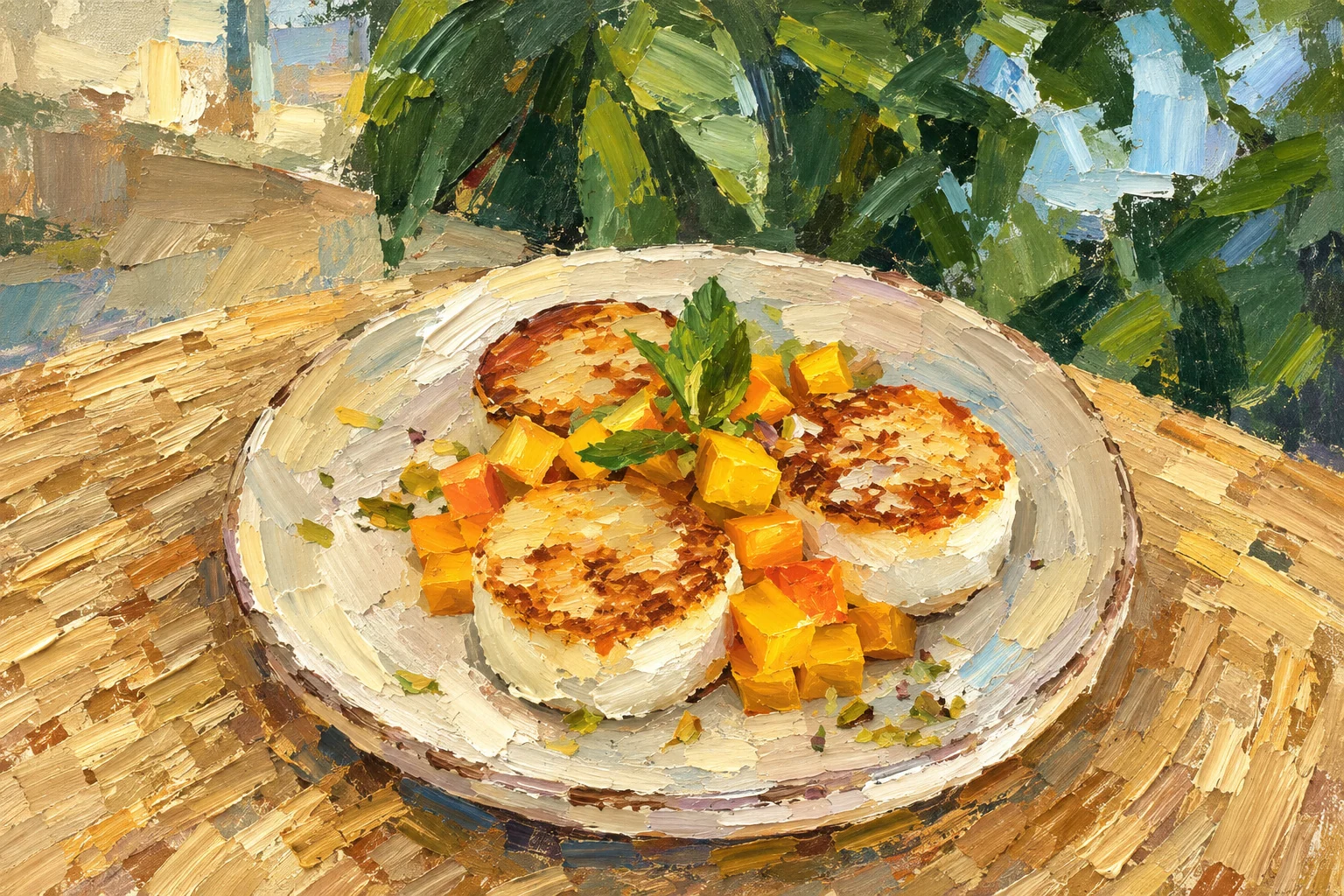 A tower of three golden syrniki balanced on a cream plate in warm sunlight, with mango cubes, mint and pistachio around the base.
